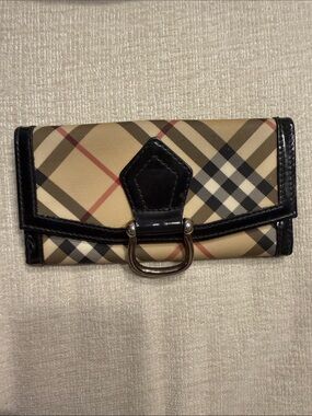 Burberry Beige Check Wallet with Black Trim and Metal D-Ring